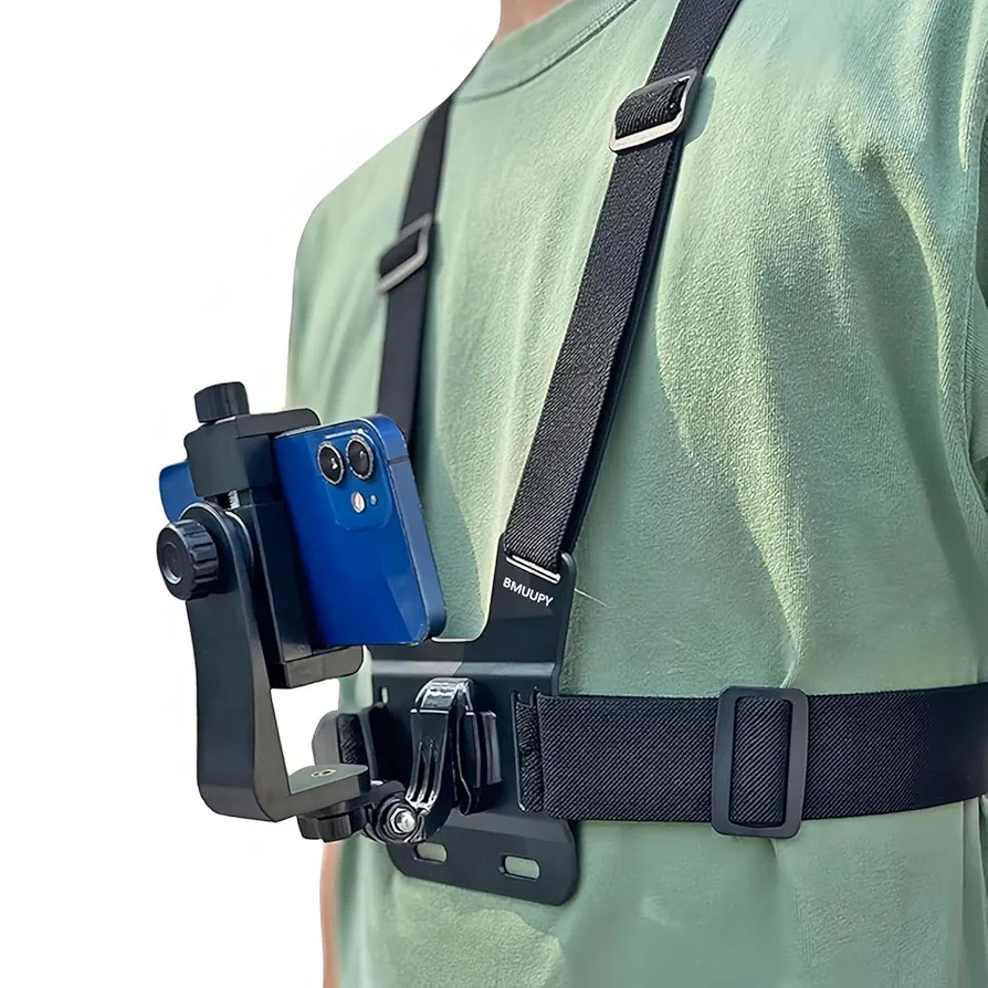 Chest Mount Harness Strap & Phone Holder for POV Vlogging – Compatible with GoPro HERO 12/11/10/9/8, Insta360, DJI & Smartphones – Adjustable First-Person Video Recording