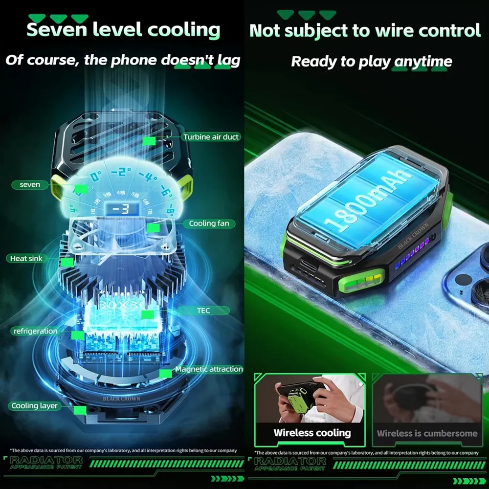 Mobile Phone Holder with Removable Battery & Magnetic Semiconductor Cooling – 7-Speed RGB Gaming Phone Cooler (Green)
