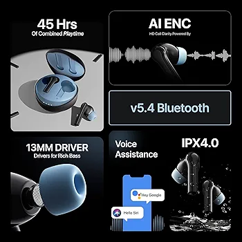 Mivi DuoPods Maxx Cobalt Black | 13mm Bass Drivers, 50Hrs Playtime, AI-ENC HD Call Clarity, Gaming Mode Wireless Bluetooth Earbuds