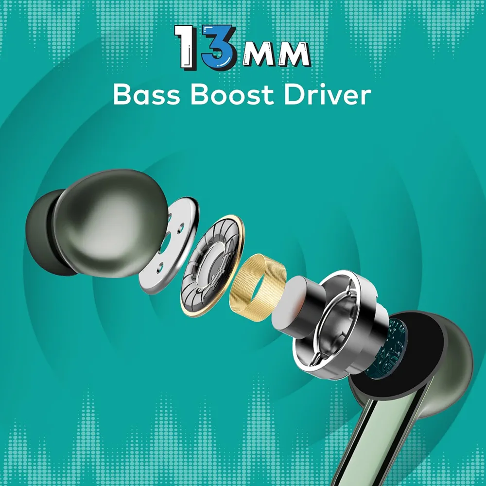 ROAR 360° Deep Bass True Wireless Earbuds | Quad Mic ENC | 42Hrs Playtime | Bluetooth v5.3 | 13mm Drivers | IPX5 Water Resistance | Ergonomic Design (Ashy Green)