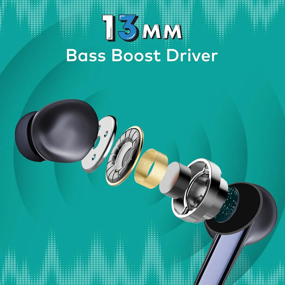 ROAR 360° Deep Bass True Wireless Earbuds | Quad Mic ENC | 42Hrs Playtime | 13mm Drivers | Bluetooth v5.3 | Adaptive Noise Cancellation | IPX5 Water Resistant | Ergonomic Design (Aurora Blue)