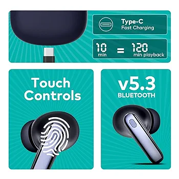 ROAR 360° Deep Bass True Wireless Earbuds | Quad Mic ENC | 42Hrs Playtime | 13mm Drivers | Bluetooth v5.3 | Adaptive Noise Cancellation | IPX5 Water Resistant | Ergonomic Design (Aurora Blue)