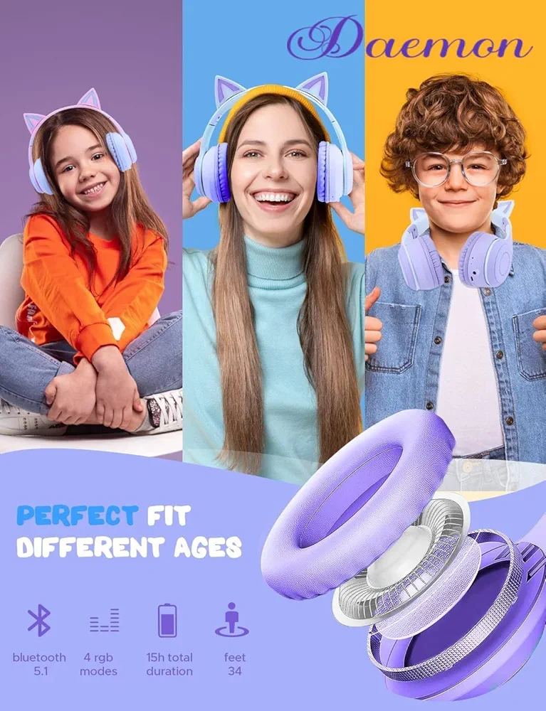 Kids Cat Ear Bluetooth Headphones with LED Lights – Foldable Over-Ear, HD Sound & Mic (Purple)