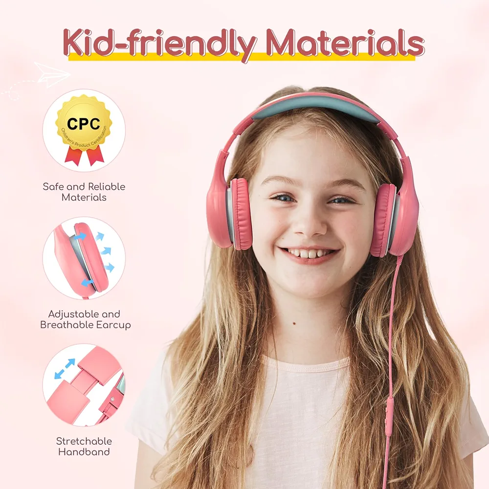 Kids Cat Ear Bluetooth Headphones with LED Lights – Foldable Over-Ear, HD Sound & Mic (Pink & Blue)
