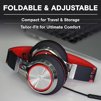 Foldable Noise Isolating On-Ear Headphones with Mic & Volume Control (Red, Wired)