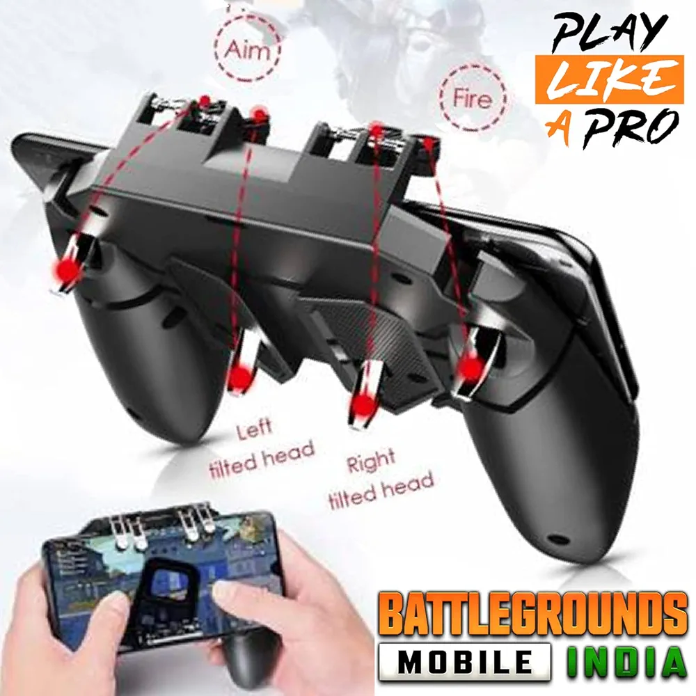PUBG Trigger Controller Mobile Gamepad – 6 Finger Game Assistant with 4 Sensitive Triggers & Tilt Probes | Adjustable for All Phones