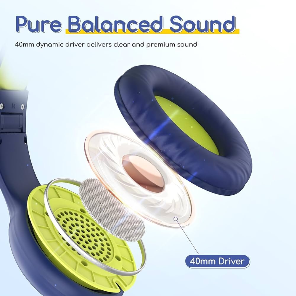 Kids Cat Ear Bluetooth Headphones with LED Lights – Foldable Over-Ear, HD Sound & Mic (Blue Lemon)