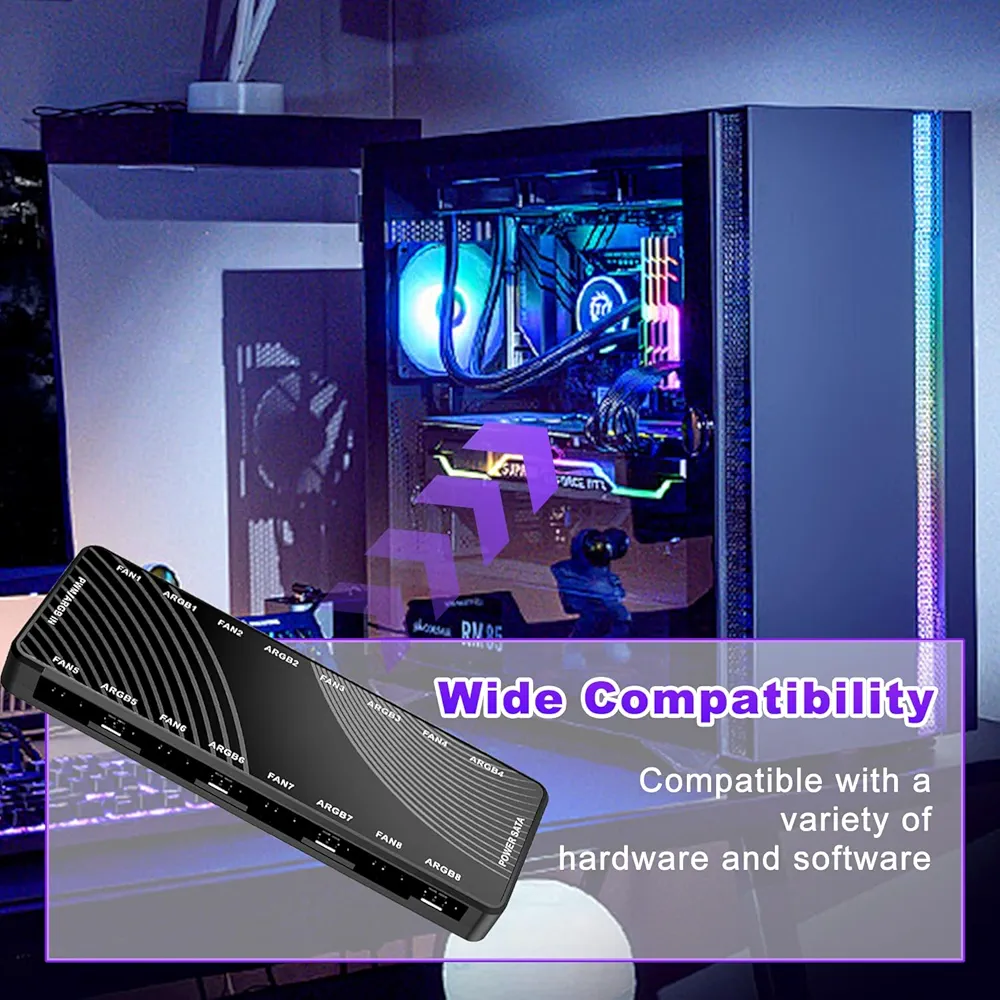 8-Port ARGB & PWM Fan Hub Controller | Dual Power Input (12V 4-Pin & 5V 3-Pin) | Magnetic Backplane Splitter | PCI Express x1 Interface | Standard Size