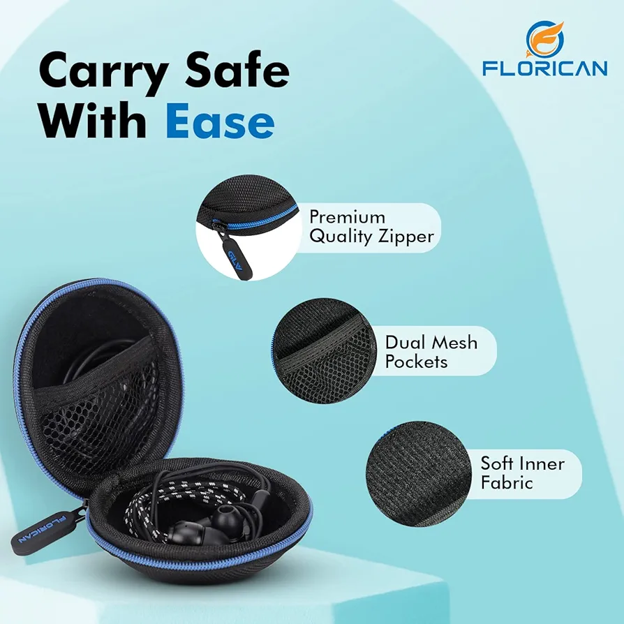 Earphone Carry Case & Multi-Use Travel Organizer with Anti-Scratch Mesh Pocket (Blue)