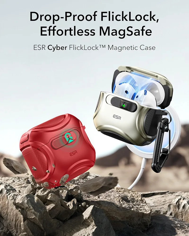 AirPods 4 Case (2024) Red | MagSafe Compatible | Hybrid Drop Protection | Cyber Series TPU Protective Cover with Drop-Proof Lock, Easy Open & Carry Strap for AirPods 4th Gen (USB-C)