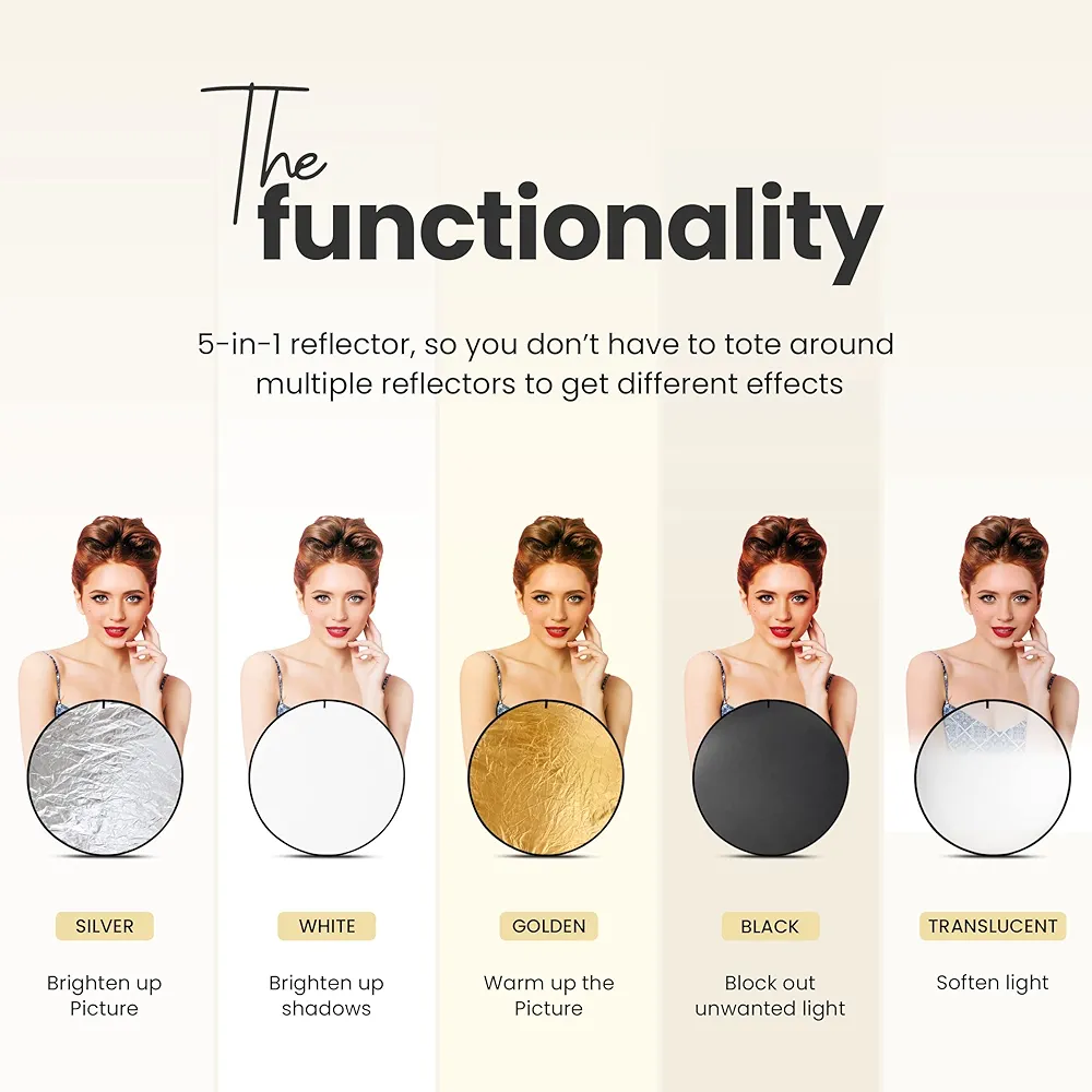 45-Inch (110 cm) 5-in-1 Collapsible Light Reflector with Carry Bag – Translucent, Silver, Gold, White & Black – Portable Multi-Disc Reflector for Studio and Outdoor Photography