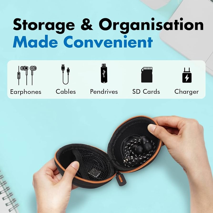 Earphone Carry Case & Multi-Use Travel Organizer with Anti-Scratch Mesh Pocket (Orange)