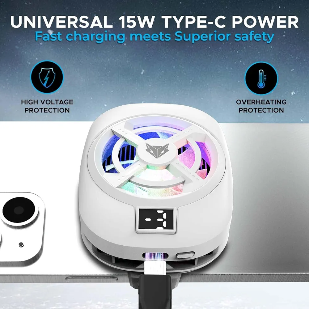 Hailstone S Mobile Phone Cooler – 15W 3-Level Cooling, 5000 RPM 7-Blade Fan, Clamp Mount, RGB, Semiconductor Tech, Type-C Powered, Display, Compatible with Android & iPhone (White)