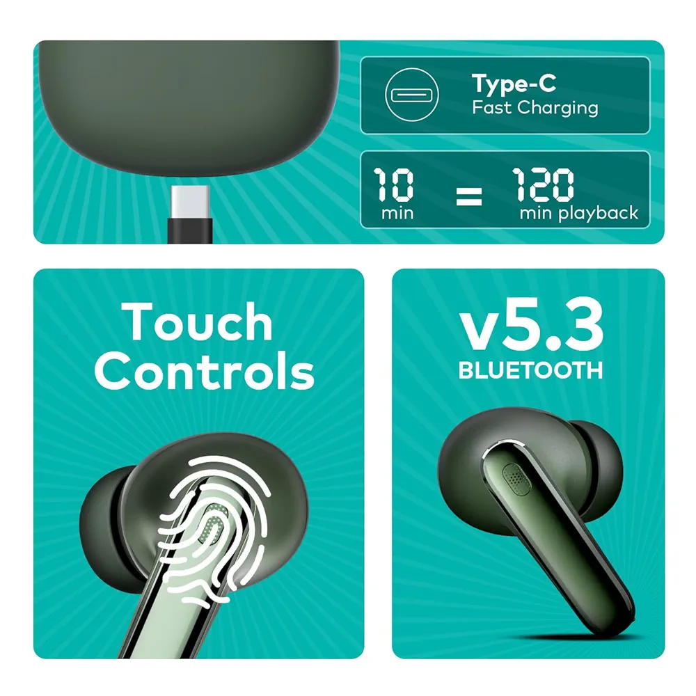 ROAR 360° Deep Bass True Wireless Earbuds | Quad Mic ENC | 42Hrs Playtime | Bluetooth v5.3 | 13mm Drivers | IPX5 Water Resistance | Ergonomic Design (Ashy Green)