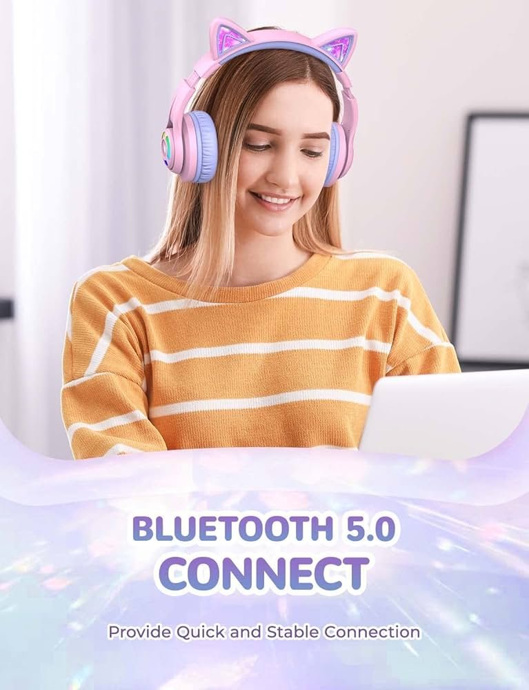 iClever BTH13 Bluetooth Kids Headphones | Cat Ear Wireless Over-Ear Headphones | Safe Volume Limited | 45H Playtime | Built-In Mic | Portable Headset for iPad, Tablets, Phones (Purple)
