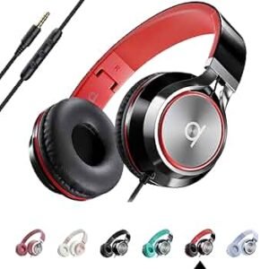 Foldable Noise Isolating On-Ear Headphones with Mic & Volume Control (Red, Wired)