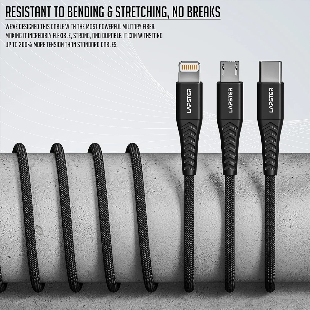 Lapster Rapidzz 3-in-1 Trio Multi Functional Cable | 1.5m Braided Fast Charging & Data Transfer Cable | USB Type-A & Type-C | Tangle-Free Design (Black)