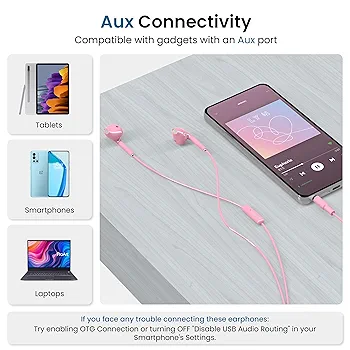 Wired In-Ear Headphones with Mic & 14mm Dynamic Drivers for Boosted Bass – 3.5mm Jack, Multi-Functional Controller (Stringz 38 Lite, Pink)