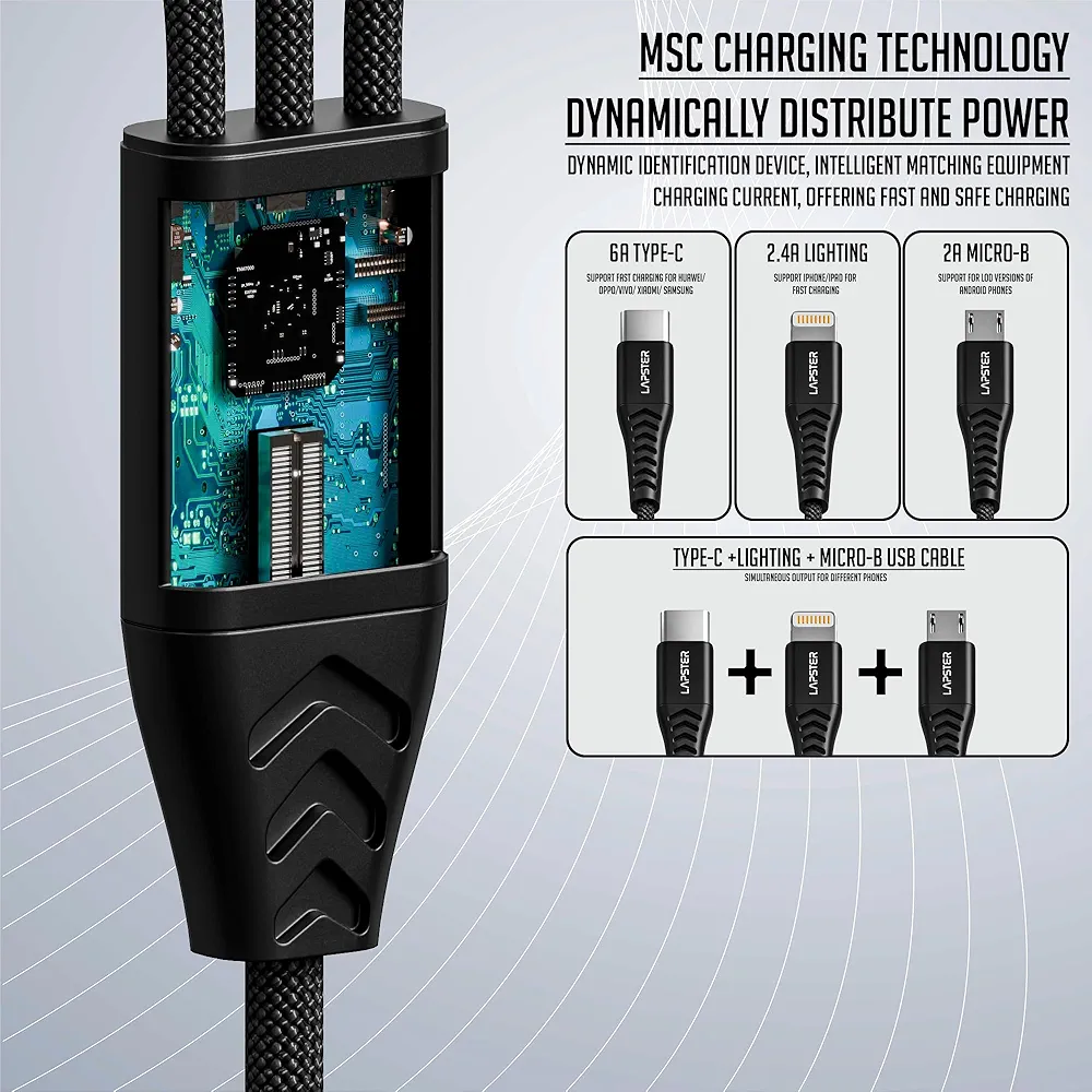 Lapster Rapidzz 3-in-1 Trio Multi Functional Cable | 1.5m Braided Fast Charging & Data Transfer Cable | USB Type-A & Type-C | Tangle-Free Design (Black)