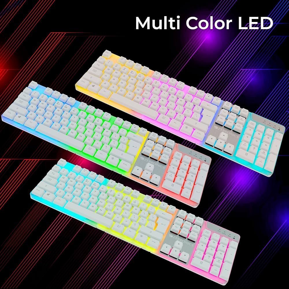 Gaming Keyboard – 104 Keys, Multi-Color LED, Braided Cable, Gold-Plated USB, Anti-Ghosting, Laser Keycaps, Multimedia Keys, 2-Step Stand (White)