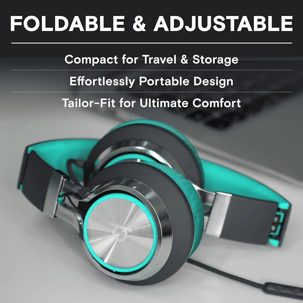 Foldable Noise Isolating On-Ear Headphones with Mic & Volume Control (Turquiose, Wired)