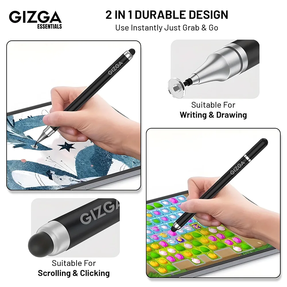 2-in-1 Universal Stylus Pen for Touchscreen Devices – Fine Disc & Rubber Tip, Black, Compatible with iPad, iPhone, Android, Tablets, Microsoft Surface & Chromebooks