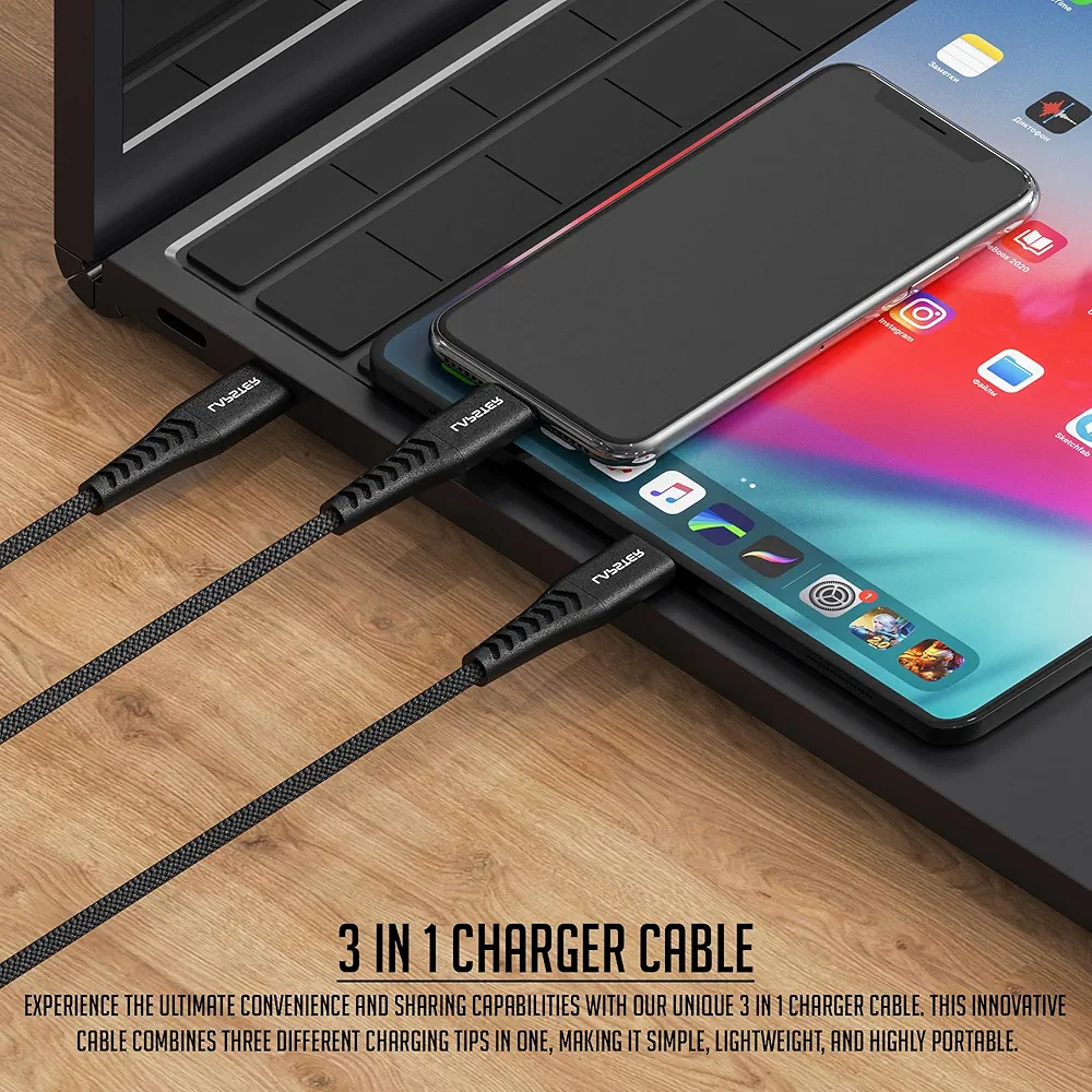 Lapster Rapidzz 3-in-1 Trio Multi Functional Cable | 1.5m Braided Fast Charging & Data Transfer Cable | USB Type-A & Type-C | Tangle-Free Design (Black)