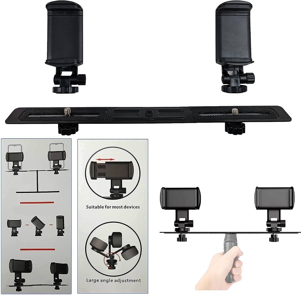 Dual Mobile Bracket Tripod Mount with Multi Holder for 2 Phones Cameras Compatible for Photography