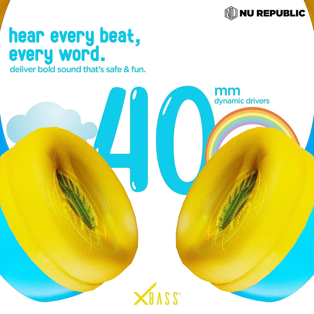 Beatpop Kids Headphones | Safe Volume 85 dBA | 42H Playtime | X-Bass® Technology | 40mm Neodymium Drivers | Type-C Fast Charging | ENC Bluetooth On-Ear Headphones (Blue & Yellow)