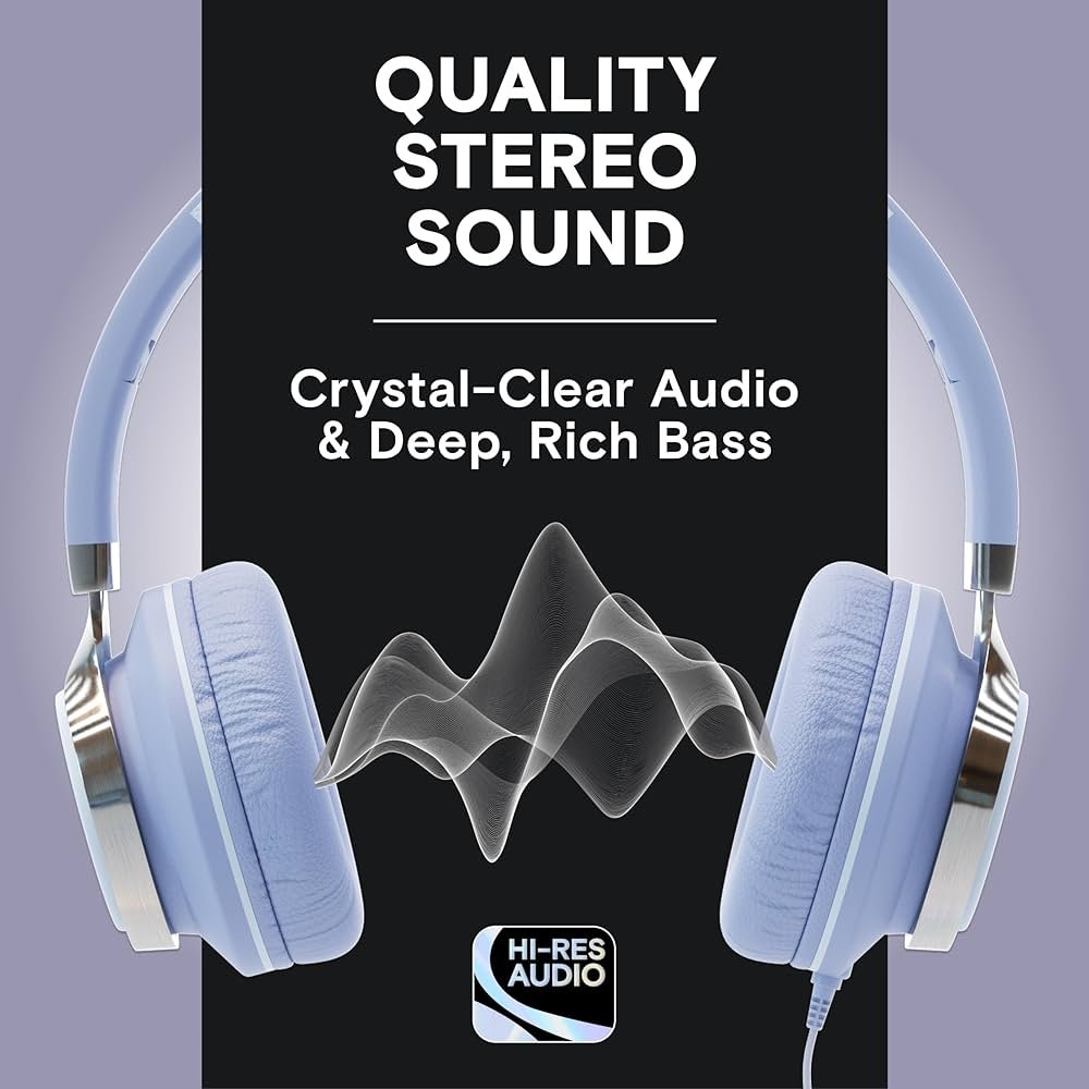 Foldable Noise Isolating On-Ear Headphones with Mic & Volume Control (Lavender, Wired)