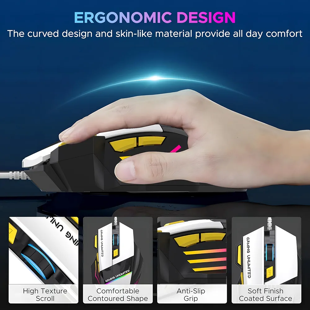 Optical Gaming Mouse – 7-Button Wired USB Mouse with 3600 DPI & RGB Lighting, Ergonomic Design for PC & Laptop