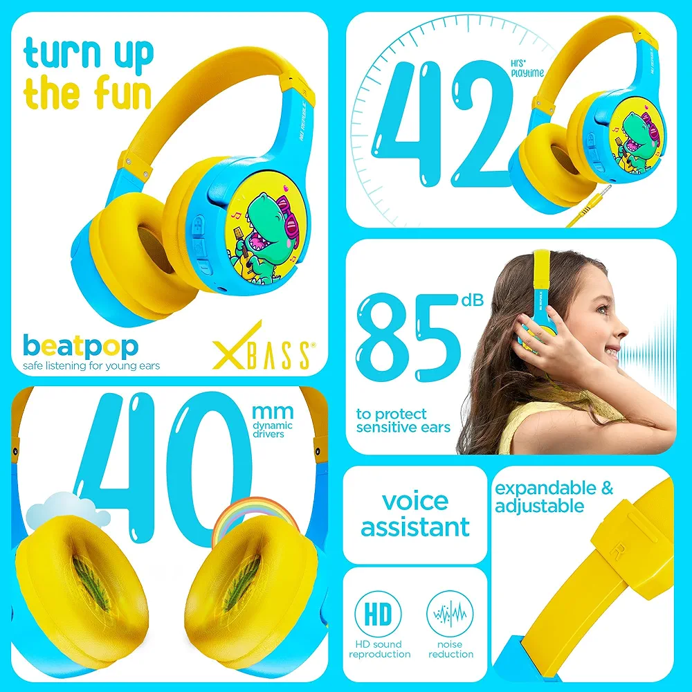 Beatpop Kids Headphones | Safe Volume 85 dBA | 42H Playtime | X-Bass® Technology | 40mm Neodymium Drivers | Type-C Fast Charging | ENC Bluetooth On-Ear Headphones (Blue & Yellow)