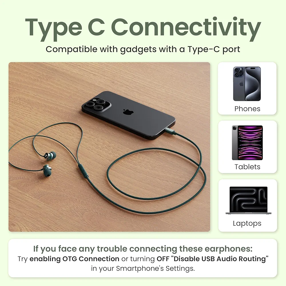 Type-C Wired In-Ear Earphones with Mic – 10mm Dynamic Drivers, Boosted Bass & 1.2m Cable (Blue)