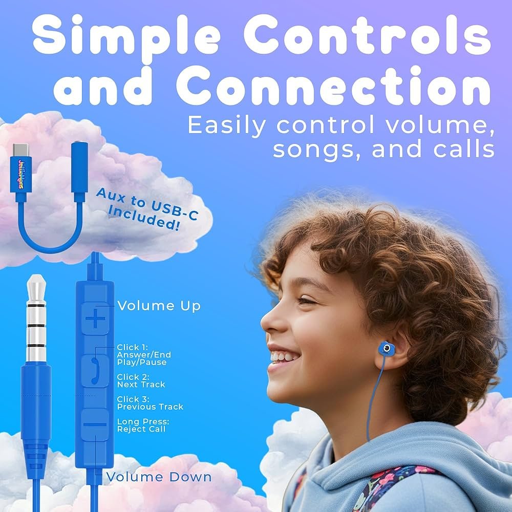 Wired Earphones for Kids with 3.5mm Jack & USB-C Adapter – Colorful In-Ear Headphones with Volume Control, Tangle-Free 1.2m Cable & Silicone Carry Case (Blue)