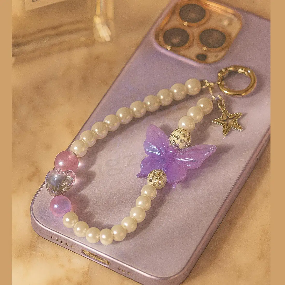 Phone Charm/Phone Strap – Butterfly & Heart Pearl Beaded Accessory