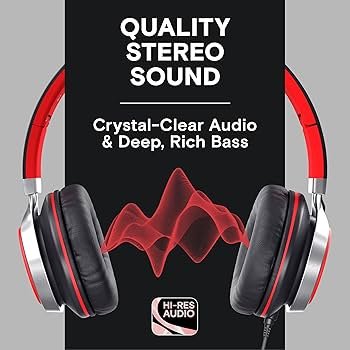 Foldable Noise Isolating On-Ear Headphones with Mic & Volume Control (Red, Wired)