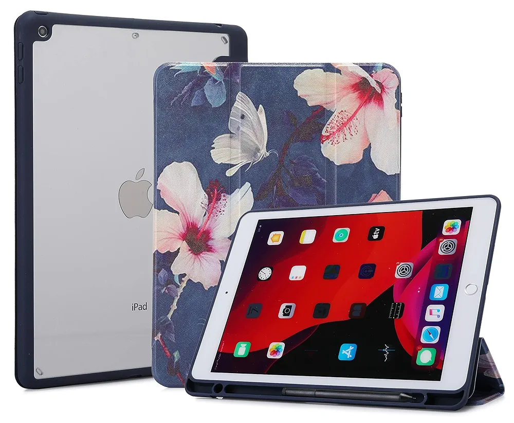 Smart Cover with Transparent Back for iPad 10.2 Inch (2021/2020/2019) – Hibiscus Design