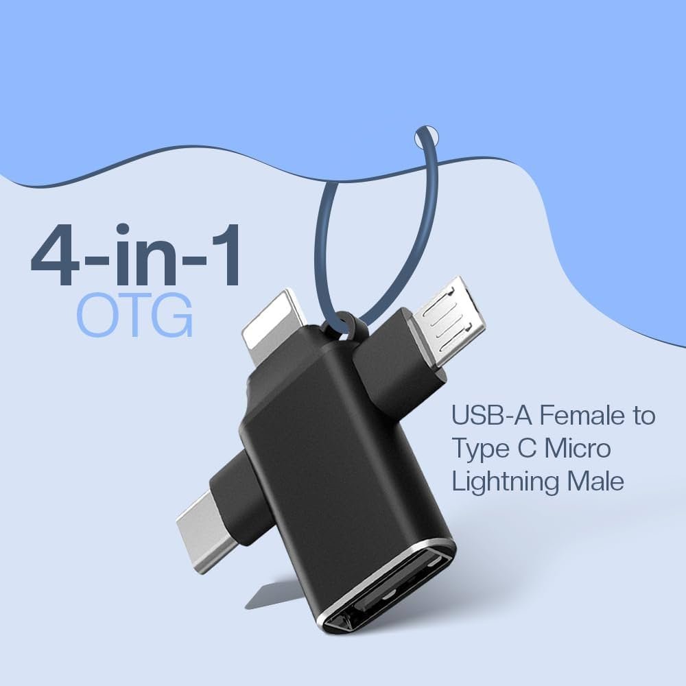 4-in-1 USB OTG Adapter – USB-A Female to Type-C, Micro & Lightning (Universal for iPhone, iPad, Android, Laptops)