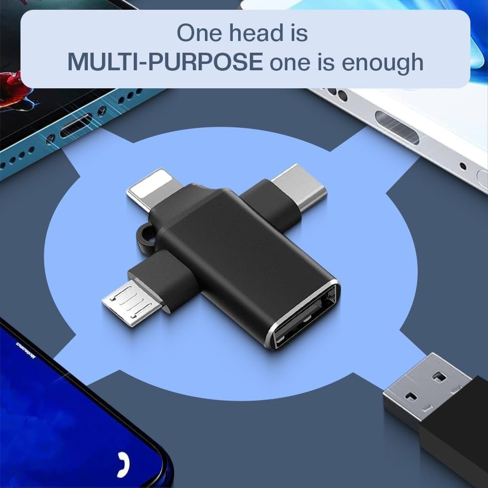 4-in-1 USB OTG Adapter – USB-A Female to Type-C, Micro & Lightning (Universal for iPhone, iPad, Android, Laptops)