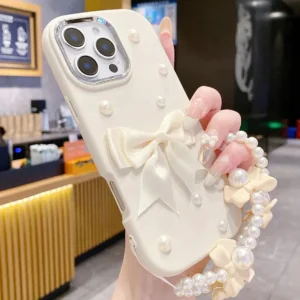 Pearl Bow Silicone Case for iPhone 16 Plus – Beige