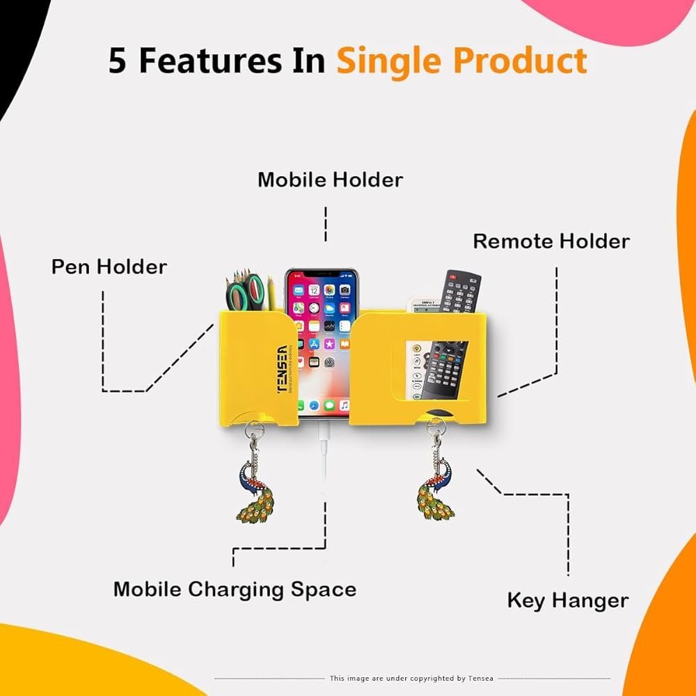 5-in-1 Wall Mount Mobile & Remote Holder – Multi-Purpose Storage Rack with Key, Pen & Accessory Organizer, Self-Adhesive, Heavy Duty (Yellow)