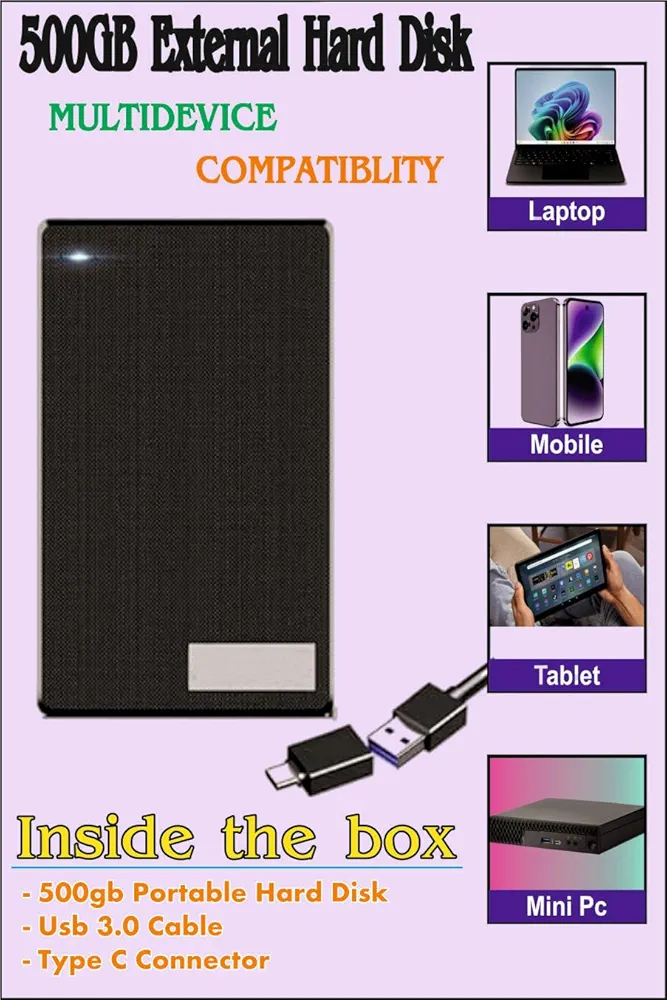 500GB External Portable 2-in-1 Type-C Hard Drive