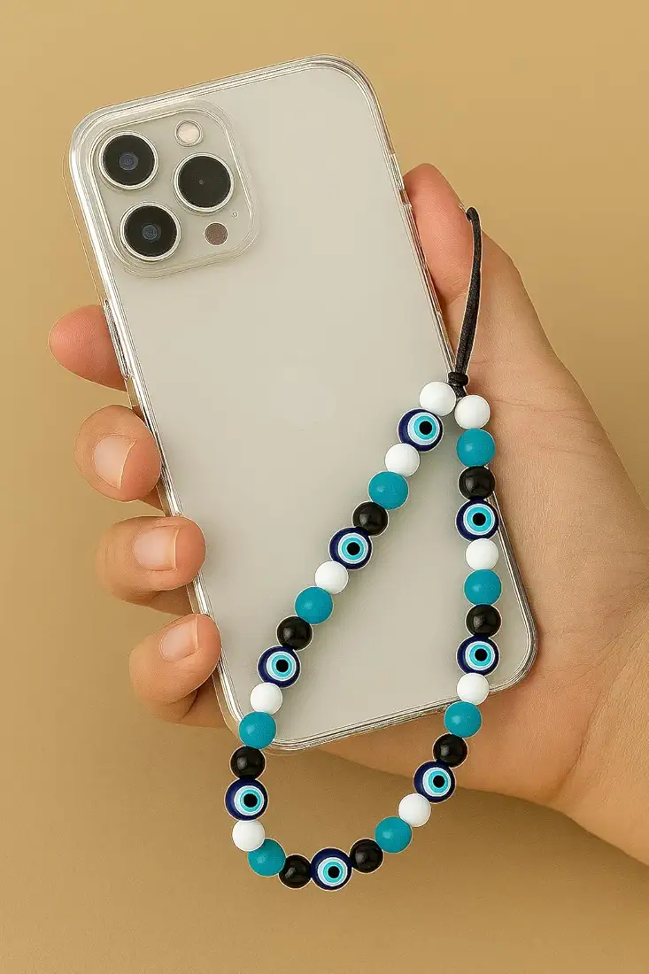 Evil Eye Phone Charm – Beaded Wrist Strap for Mobile, Decorative & Protective Accessory for Girls & Women