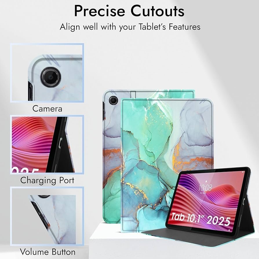 Cover for Lenovo Tab 10.1 Inch 2025 | Marble Green Folio Flip Cover Case – Premium Faux Leather Stand Case