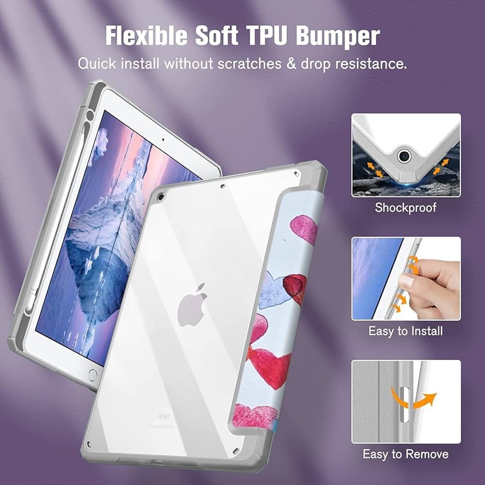 Case for 10.2" iPad 9th, 8th & 7th Generation | Smart Flip Cover with Pencil Holder & Transparent Back – Small Hearts